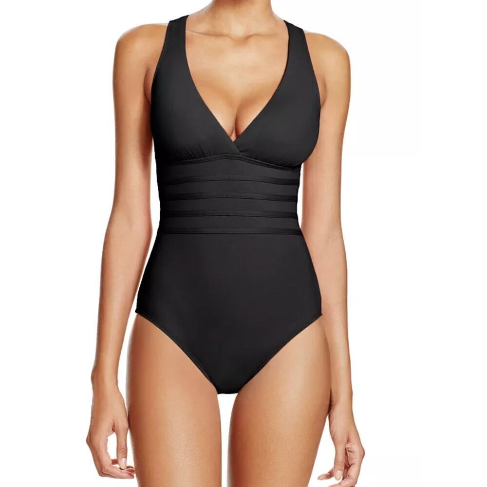 NWT La Blanca Island Goddess Multistrap Cross Back One Piece Swimsuit Black 10